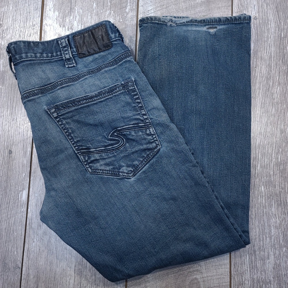 Silver Jeans Zac Denim Pants Mens 34 Blue Straight Leg Distressed Medium Wash